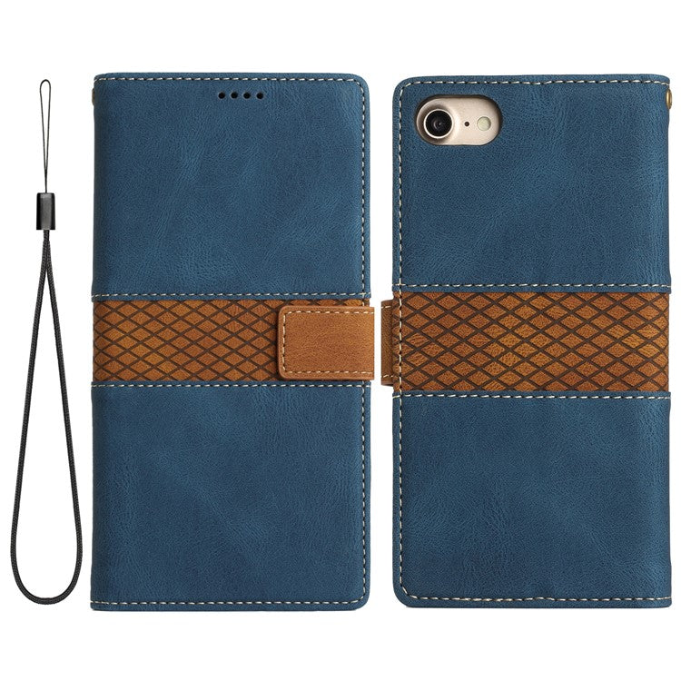 For iPhone 16e Wallet Case Grid Splicing Card Slots PU Leather Phone Cover - Blue