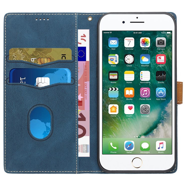 For iPhone 16e Wallet Case Grid Splicing Card Slots PU Leather Phone Cover - Blue