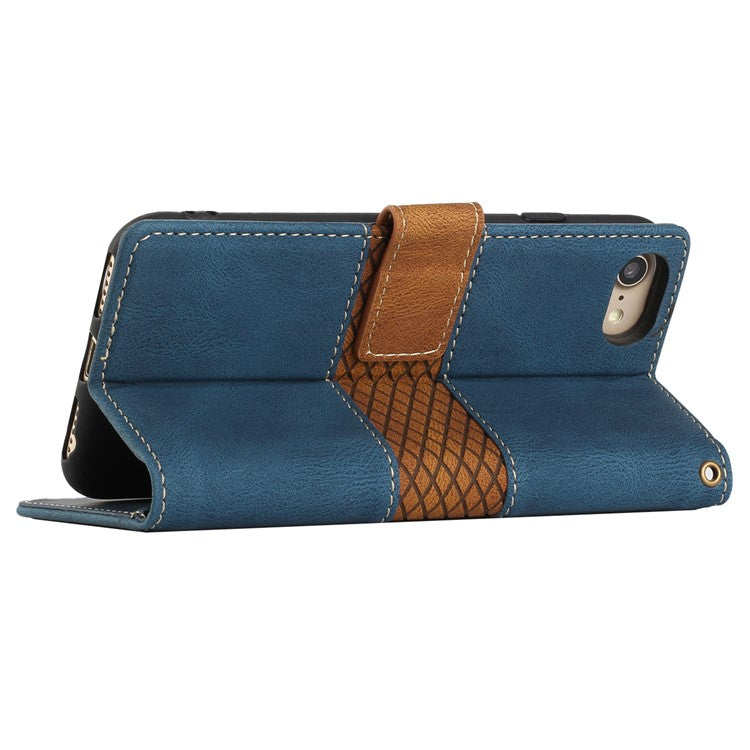 For iPhone 16e Wallet Case Grid Splicing Card Slots PU Leather Phone Cover - Blue