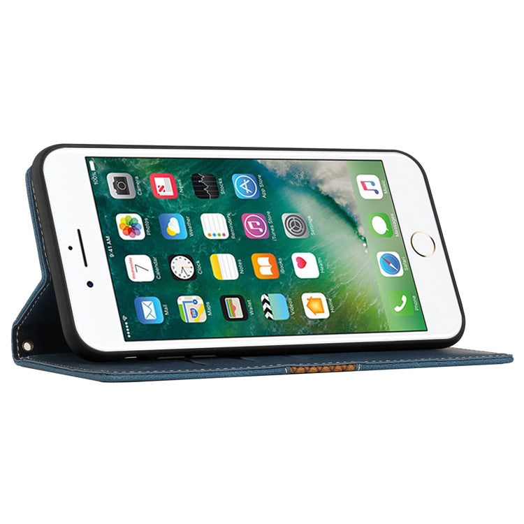 For iPhone 16e Wallet Case Grid Splicing Card Slots PU Leather Phone Cover - Blue