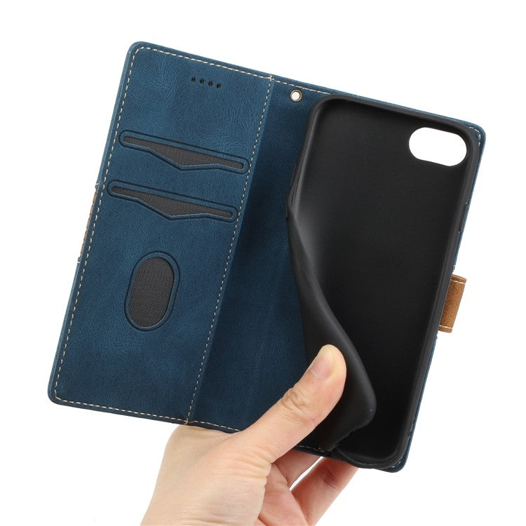 For iPhone 16e Wallet Case Grid Splicing Card Slots PU Leather Phone Cover - Blue