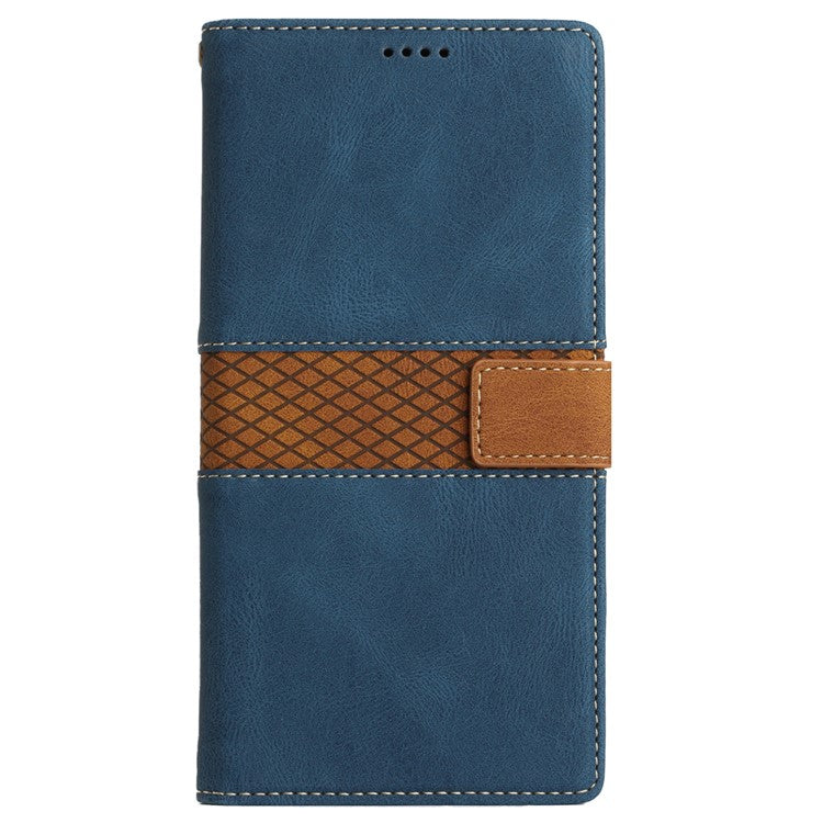For iPhone 16e Wallet Case Grid Splicing Card Slots PU Leather Phone Cover - Blue