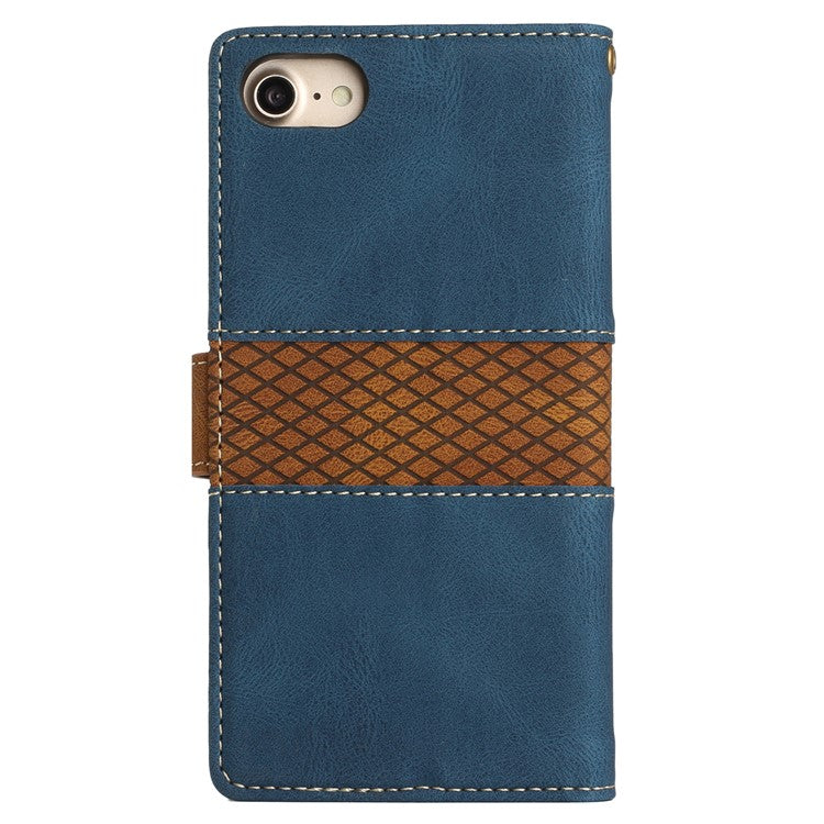 For iPhone 16e Wallet Case Grid Splicing Card Slots PU Leather Phone Cover - Blue