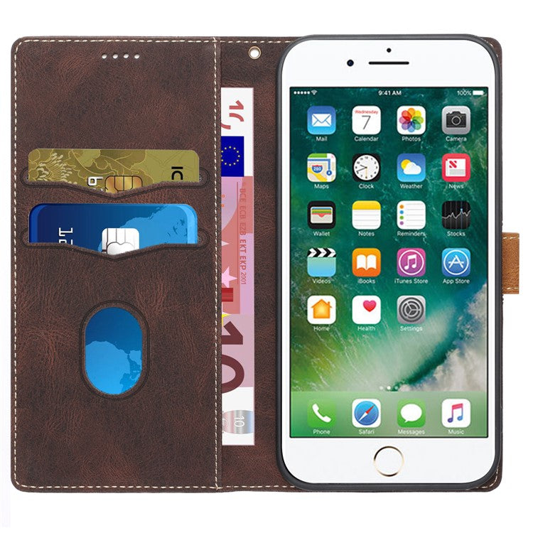 For iPhone 16e Wallet Case Grid Splicing Card Slots PU Leather Phone Cover - Brown