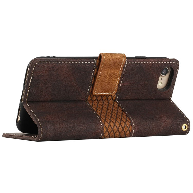 For iPhone 16e Wallet Case Grid Splicing Card Slots PU Leather Phone Cover - Brown