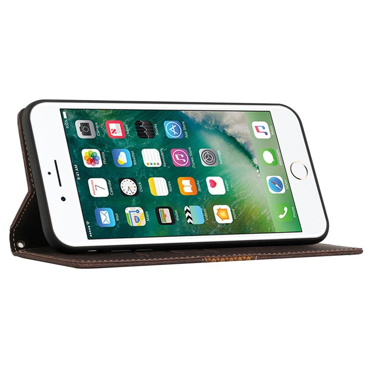 For iPhone 16e Wallet Case Grid Splicing Card Slots PU Leather Phone Cover - Brown