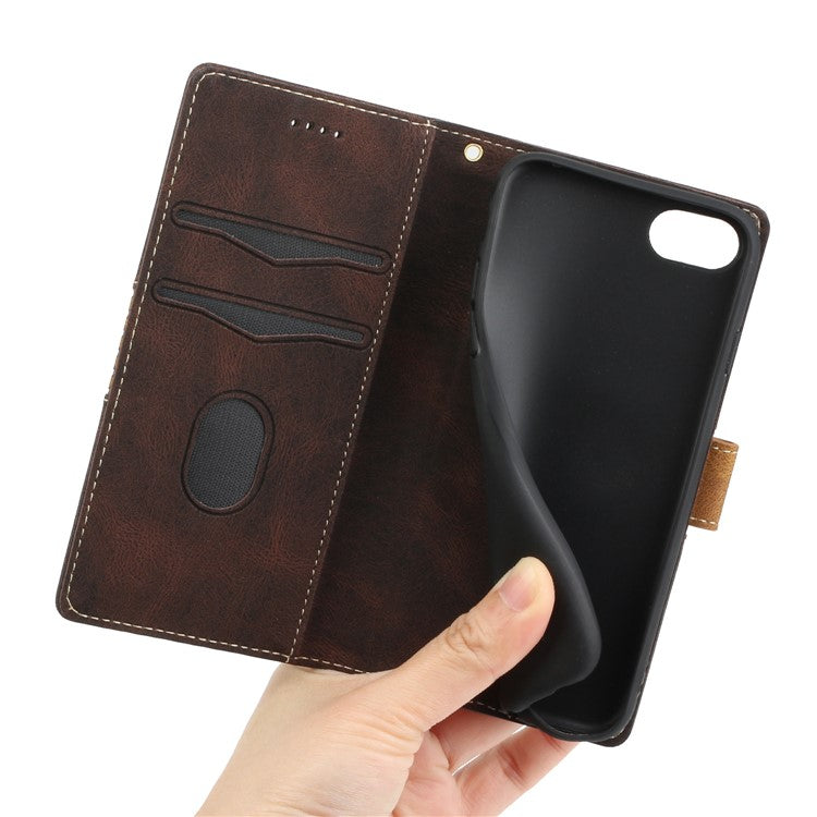 For iPhone 16e Wallet Case Grid Splicing Card Slots PU Leather Phone Cover - Brown