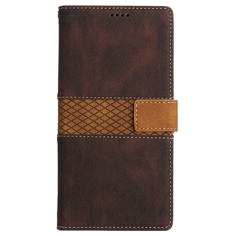 For iPhone 16e Wallet Case Grid Splicing Card Slots PU Leather Phone Cover - Brown