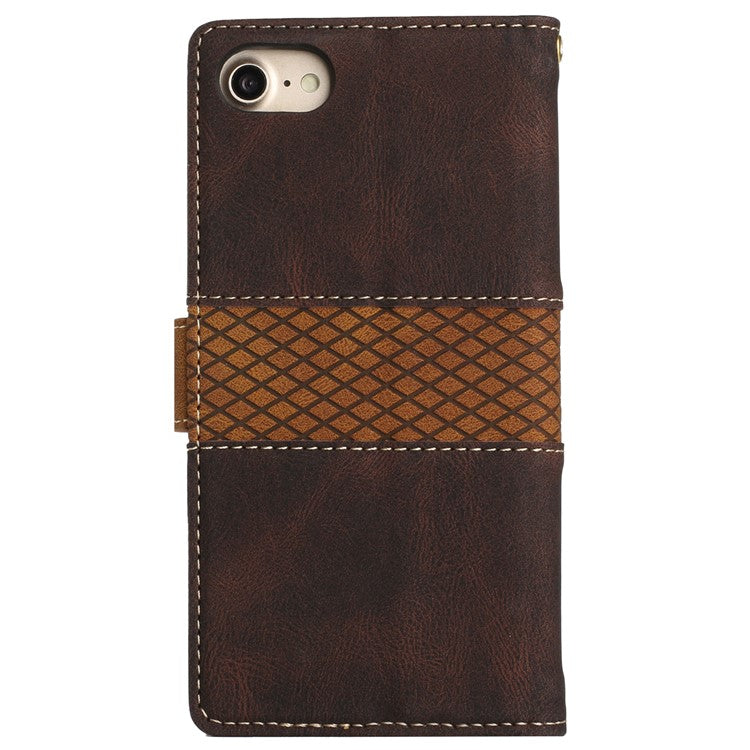 For iPhone 16e Wallet Case Grid Splicing Card Slots PU Leather Phone Cover - Brown
