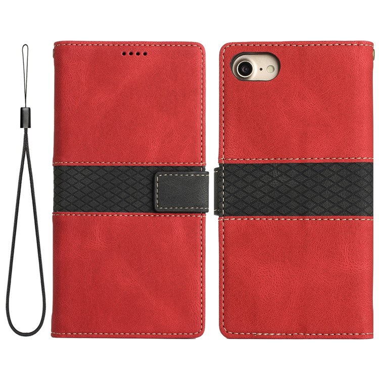 For iPhone 16e Wallet Case Grid Splicing Card Slots PU Leather Phone Cover - Red