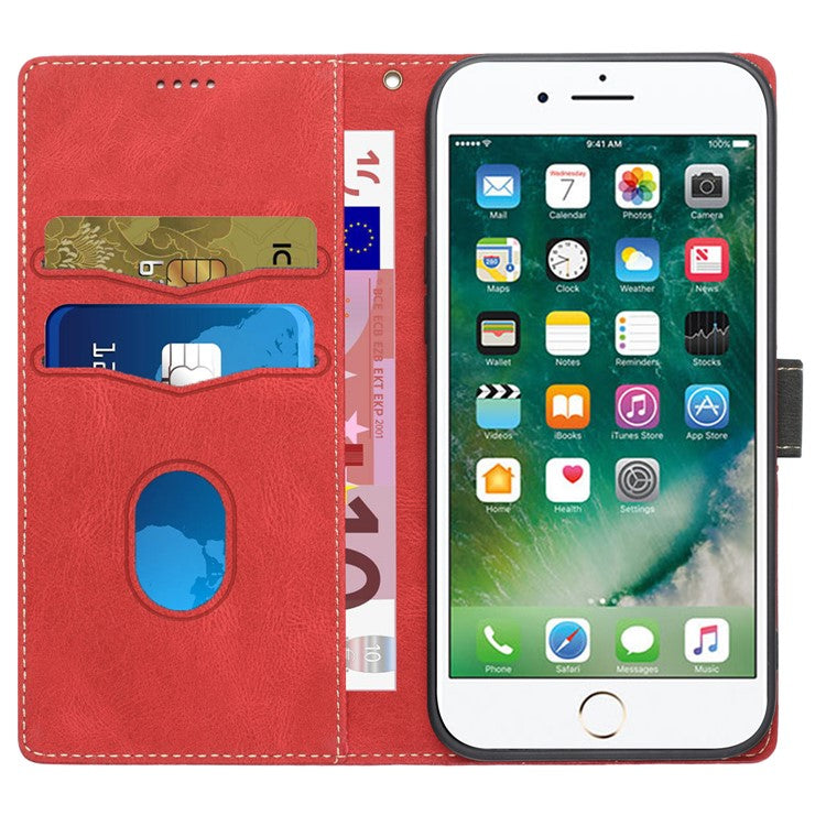 For iPhone 16e Wallet Case Grid Splicing Card Slots PU Leather Phone Cover - Red