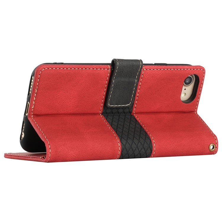 For iPhone 16e Wallet Case Grid Splicing Card Slots PU Leather Phone Cover - Red