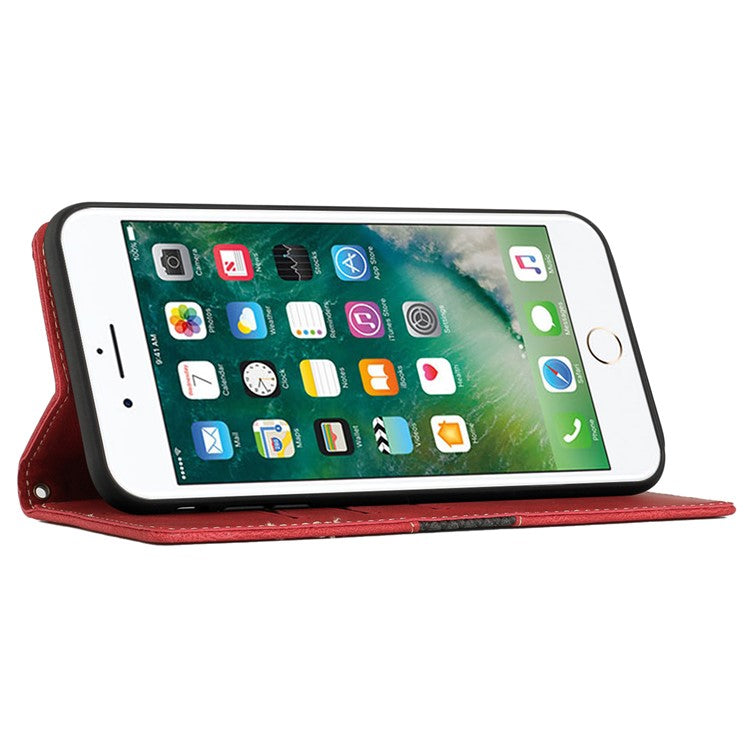 For iPhone 16e Wallet Case Grid Splicing Card Slots PU Leather Phone Cover - Red