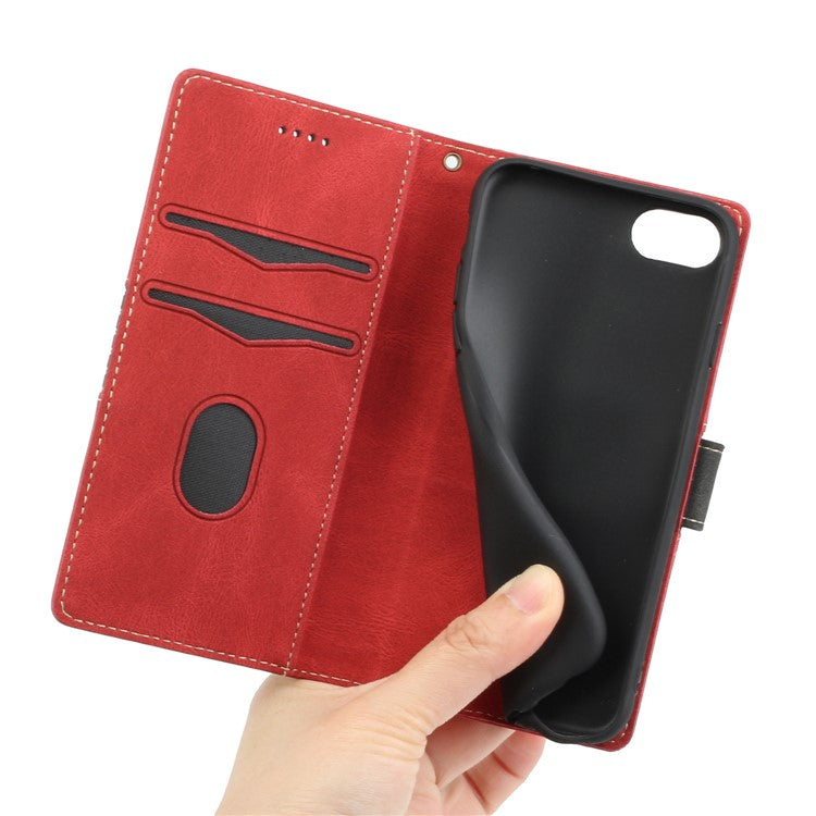For iPhone 16e Wallet Case Grid Splicing Card Slots PU Leather Phone Cover - Red