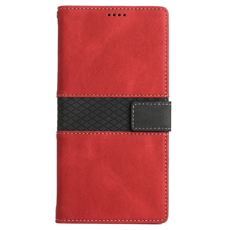 For iPhone 16e Wallet Case Grid Splicing Card Slots PU Leather Phone Cover - Red