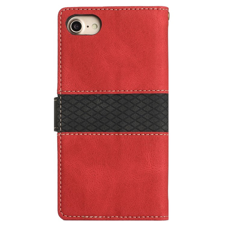 For iPhone 16e Wallet Case Grid Splicing Card Slots PU Leather Phone Cover - Red