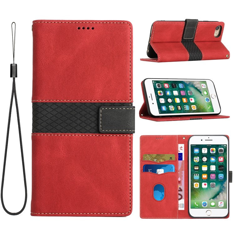 For iPhone 16e Wallet Case Grid Splicing Card Slots PU Leather Phone Cover - Red