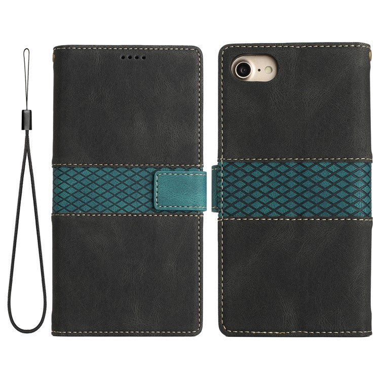 For iPhone 16e Wallet Case Grid Splicing Card Slots PU Leather Phone Cover - Black