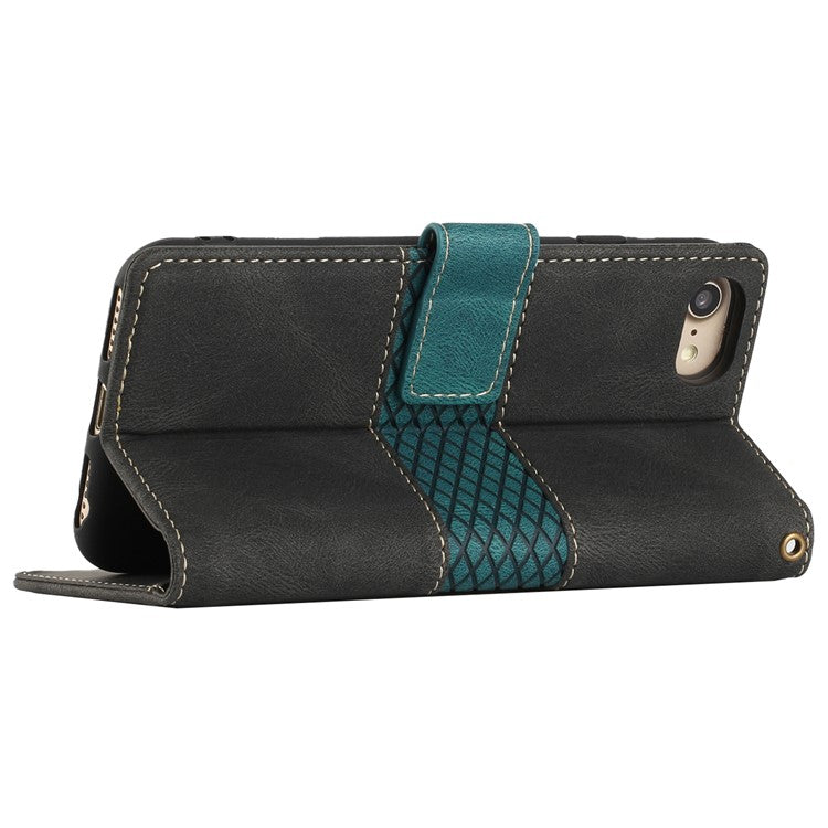 For iPhone 16e Wallet Case Grid Splicing Card Slots PU Leather Phone Cover - Black