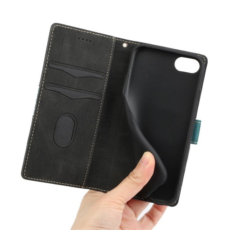 For iPhone 16e Wallet Case Grid Splicing Card Slots PU Leather Phone Cover - Black