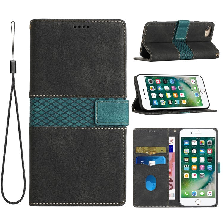 For iPhone 16e Wallet Case Grid Splicing Card Slots PU Leather Phone Cover - Black