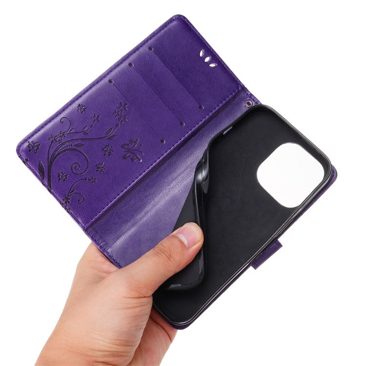 For iPhone 16 Pro Case Shockproof Butterfly Floral Leather Flip Phone Cover - Dark Purple