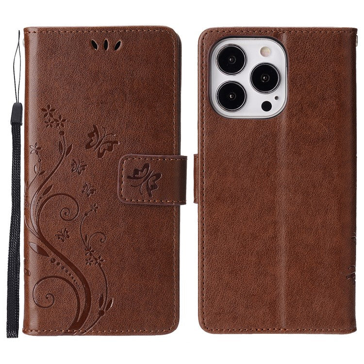 For iPhone 16 Pro Case Shockproof Butterfly Floral Leather Flip Phone Cover - Brown