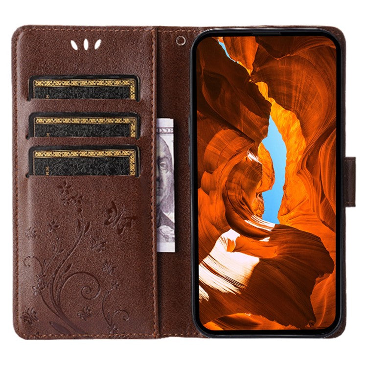 For iPhone 16 Pro Case Shockproof Butterfly Floral Leather Flip Phone Cover - Brown