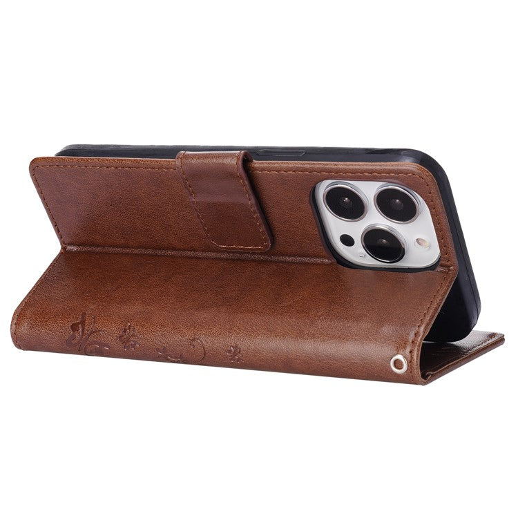 For iPhone 16 Pro Case Shockproof Butterfly Floral Leather Flip Phone Cover - Brown