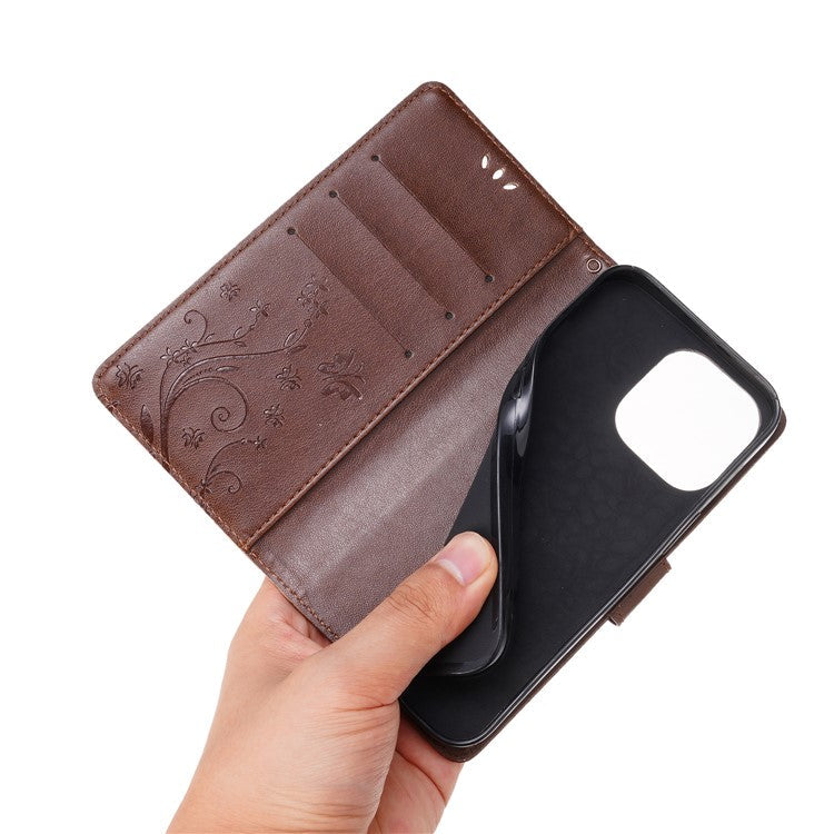 For iPhone 16 Pro Case Shockproof Butterfly Floral Leather Flip Phone Cover - Brown