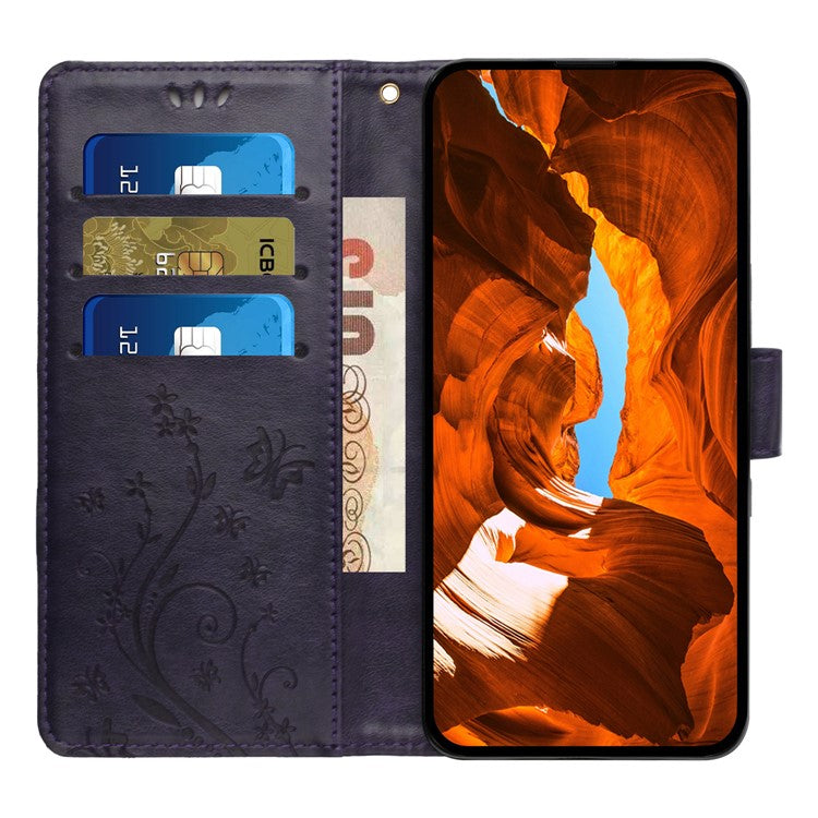 For iPhone 16 Plus Case Wallet PU Leather Butterfly Floral Phone Cover with Strap - Dark Purple