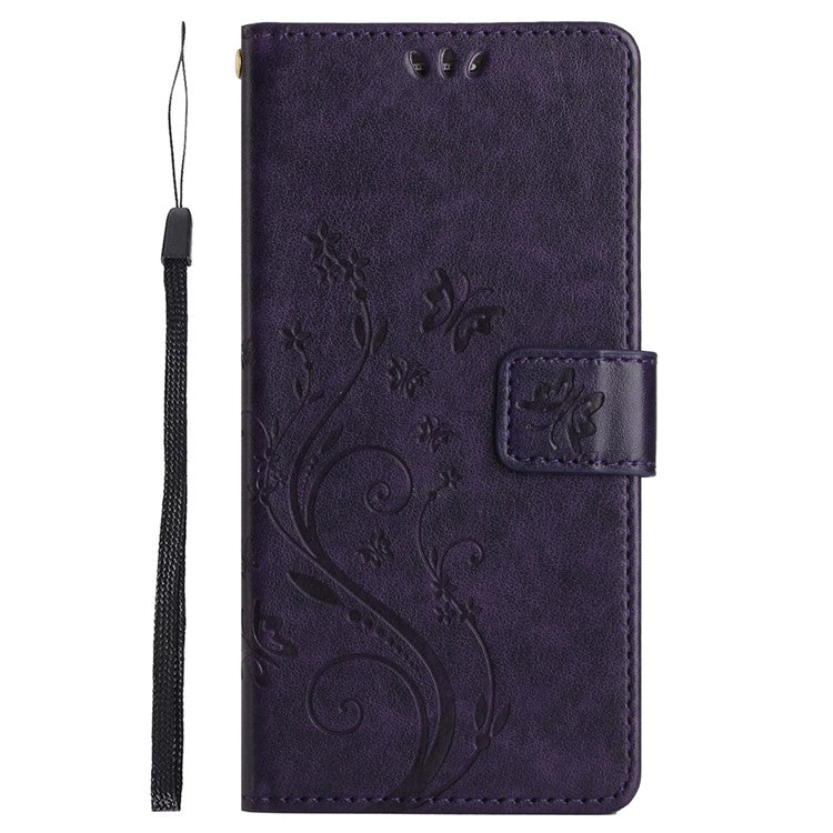 For iPhone 16 Plus Case Wallet PU Leather Butterfly Floral Phone Cover with Strap - Dark Purple