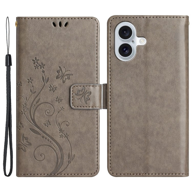 For iPhone 16 Case Flip Shockproof Butterfly Floral Leather Phone Cover - Grey
