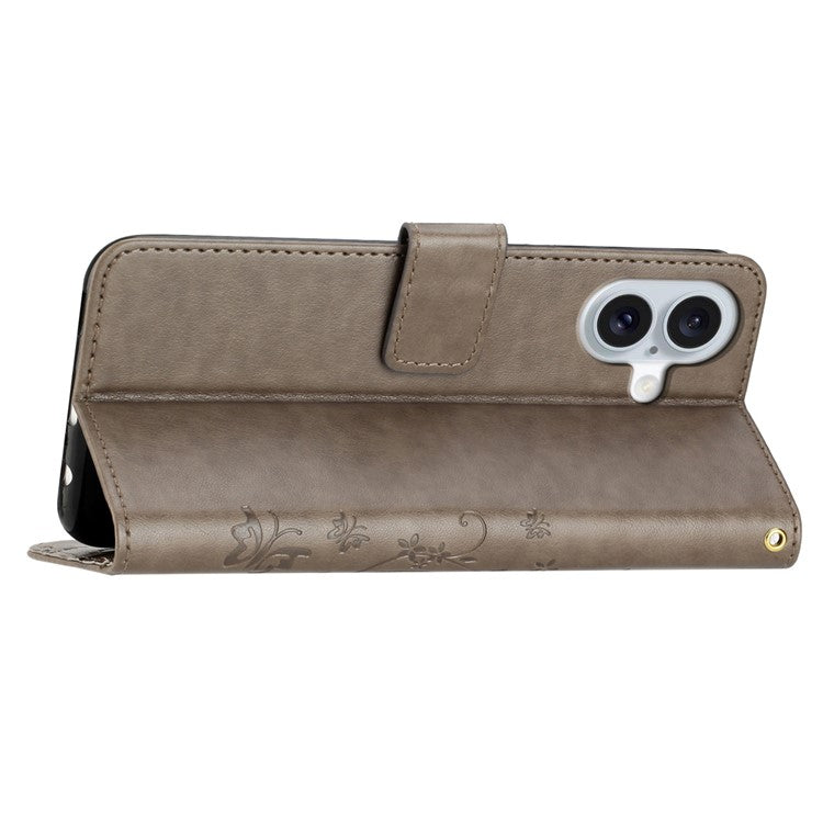 For iPhone 16 Case Flip Shockproof Butterfly Floral Leather Phone Cover - Grey
