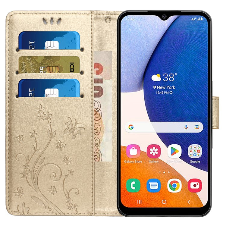For Samsung Galaxy M55 5G / C55 5G / F55 5G Case Wallet Butterfly Floral PU Leather Phone Cover - Gold