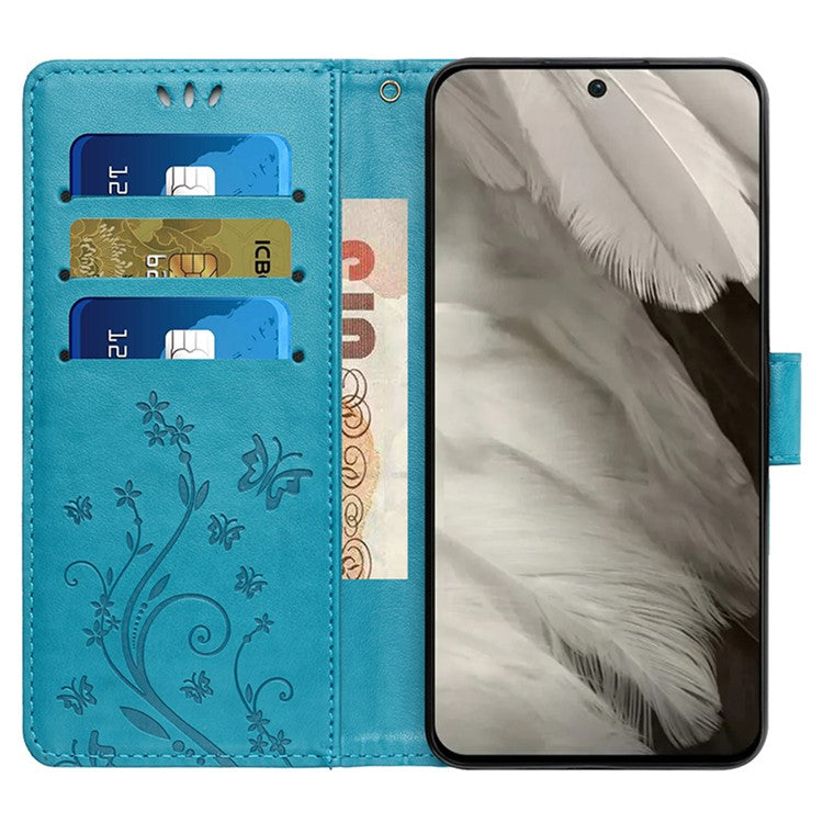 For Google Pixel 9 Pro / Pixel 9 Case Leather Butterfly Floral Design Flip Wallet Phone Cover - Blue