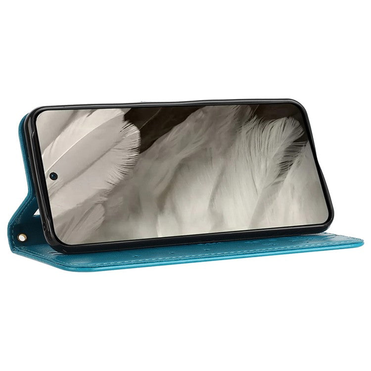 For Google Pixel 9 Pro / Pixel 9 Case Leather Butterfly Floral Design Flip Wallet Phone Cover - Blue