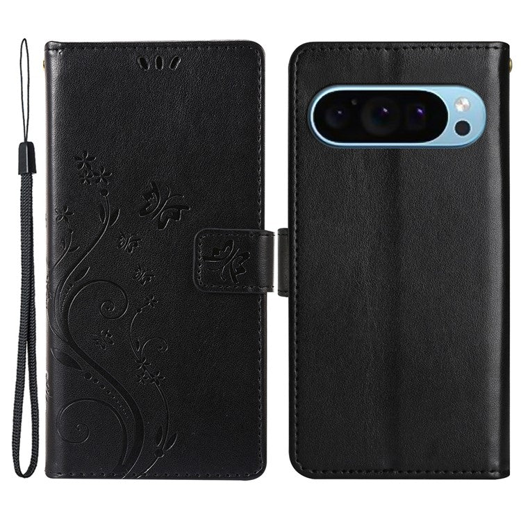 For Google Pixel 9 Pro / Pixel 9 Case Leather Butterfly Floral Design Flip Wallet Phone Cover - Black
