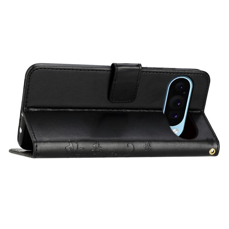 For Google Pixel 9 Pro / Pixel 9 Case Leather Butterfly Floral Design Flip Wallet Phone Cover - Black