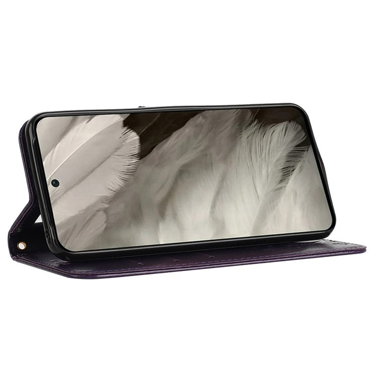 For Google Pixel 9 Pro / Pixel 9 Case Leather Butterfly Floral Design Flip Wallet Phone Cover - Dark Purple