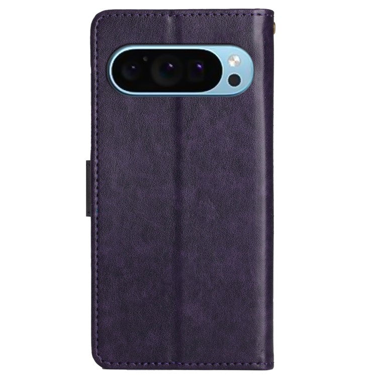For Google Pixel 9 Pro / Pixel 9 Case Leather Butterfly Floral Design Flip Wallet Phone Cover - Dark Purple
