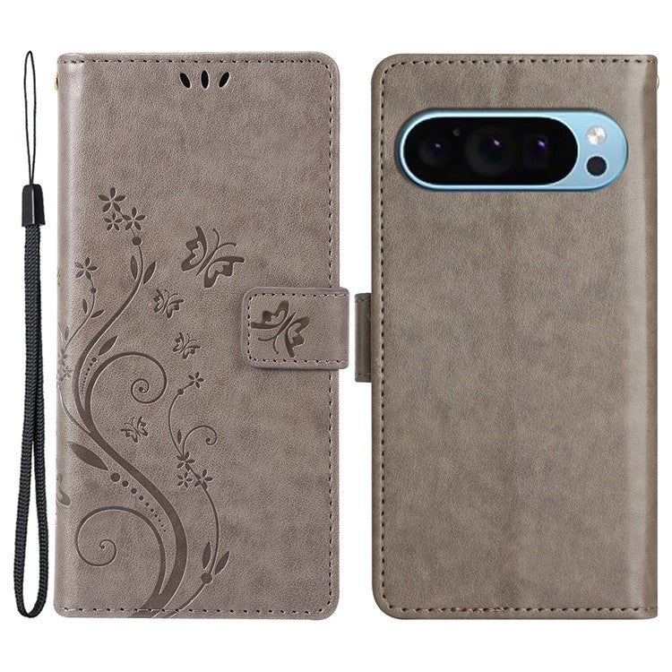 For Google Pixel 9 Pro / Pixel 9 Case Leather Butterfly Floral Design Flip Wallet Phone Cover - Grey