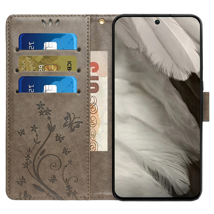 For Google Pixel 9 Pro / Pixel 9 Case Leather Butterfly Floral Design Flip Wallet Phone Cover - Grey