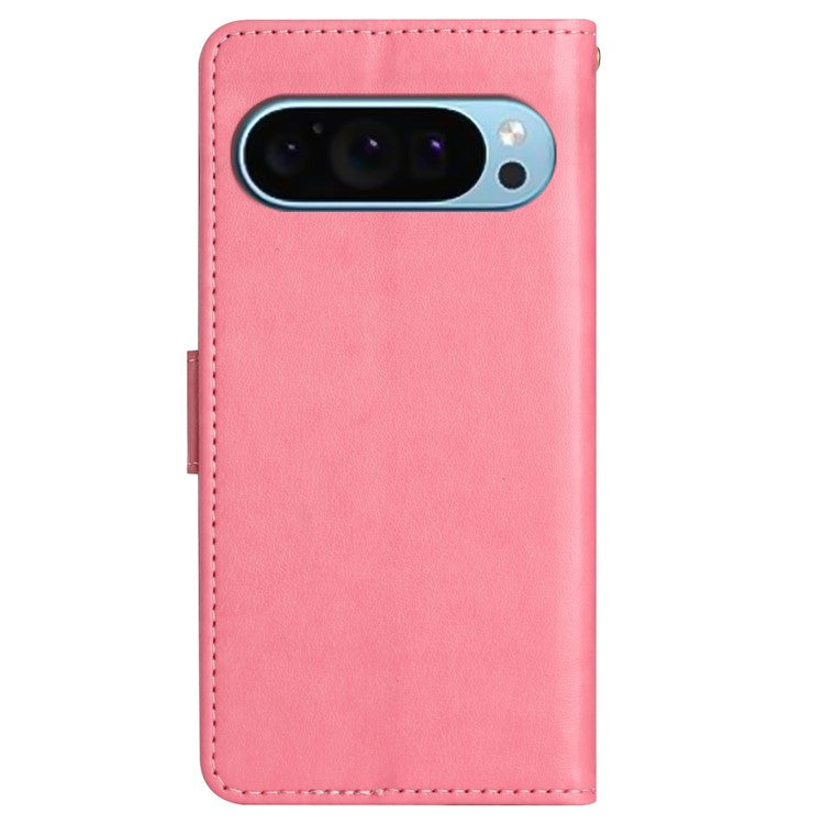 For Google Pixel 9 Pro / Pixel 9 Case Leather Butterfly Floral Design Flip Wallet Phone Cover - Pink