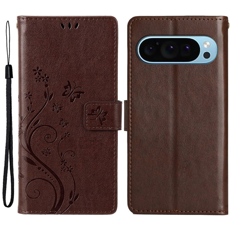 For Google Pixel 9 Pro / Pixel 9 Case Leather Butterfly Floral Design Flip Wallet Phone Cover - Brown