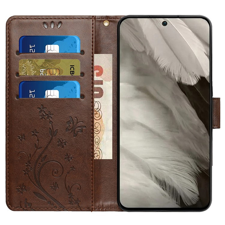 For Google Pixel 9 Pro / Pixel 9 Case Leather Butterfly Floral Design Flip Wallet Phone Cover - Brown