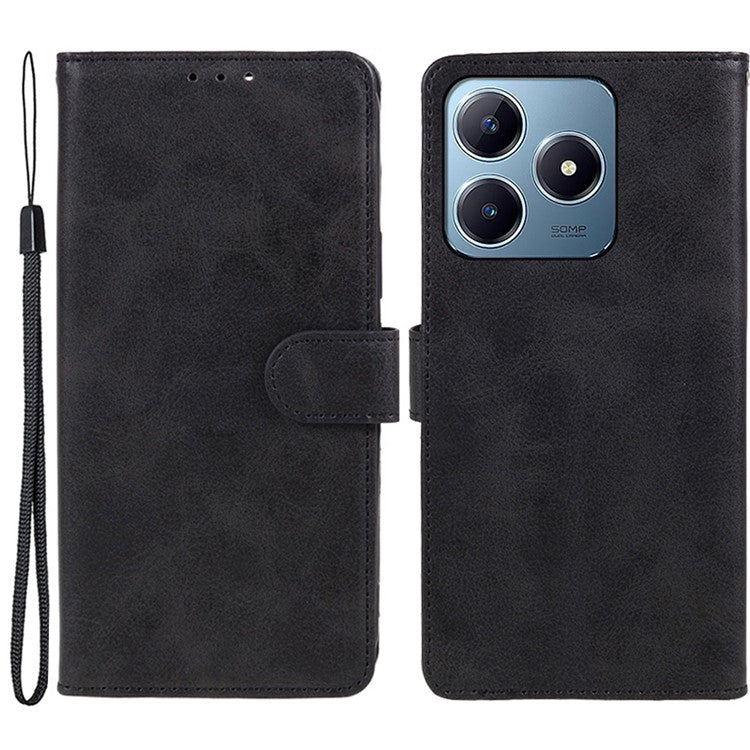 For Realme C63 4G Case Leather Calf Texture Phone Cover Cash and Card Holder Wallet - Black