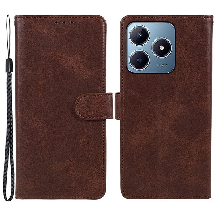 For Realme C63 4G Case Leather Calf Texture Phone Cover Cash and Card Holder Wallet - Brown
