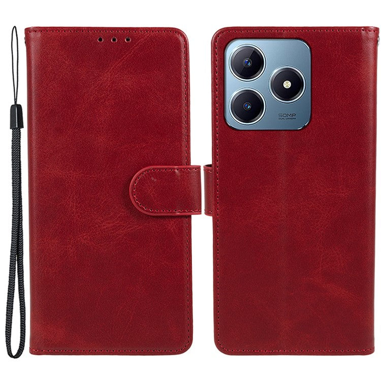 For Realme C63 4G Case Leather Calf Texture Phone Cover Cash and Card Holder Wallet - Red