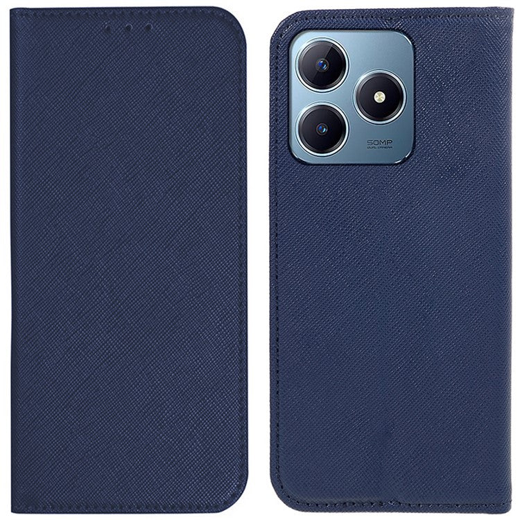 For Realme C63 4G Case Leather Strong Magnetic Closure Phone Cover Cross Texture - Dark Blue
